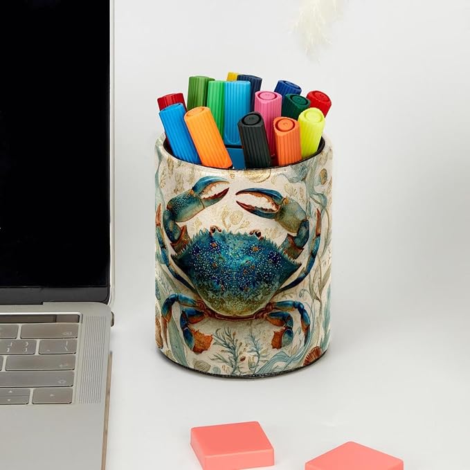 Faux Leather Pen Holder for Desk, Pencil Organizer Blue Crab Pen Cup Desk Decor Makeup Brush Holder Storage for Office Home