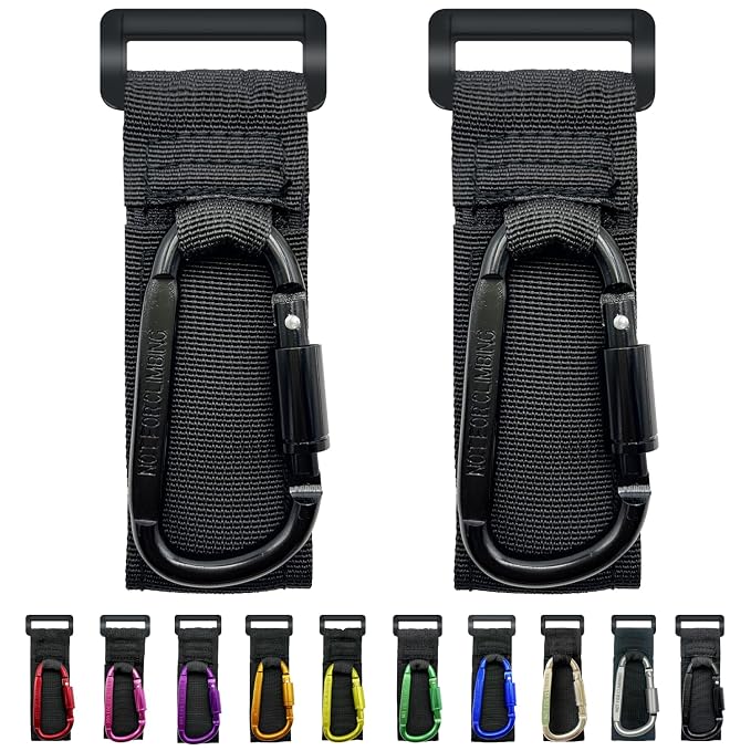 Baby Stroller Hook, Carry 30 lbs per Stroller Carabiner Clip, Adjustable Baby Stroller & Car Seat Hook for Hanging Diaper Bag, Wheelchair, Golf cart, Shopping and Pet Cart(2 Pcs Black)