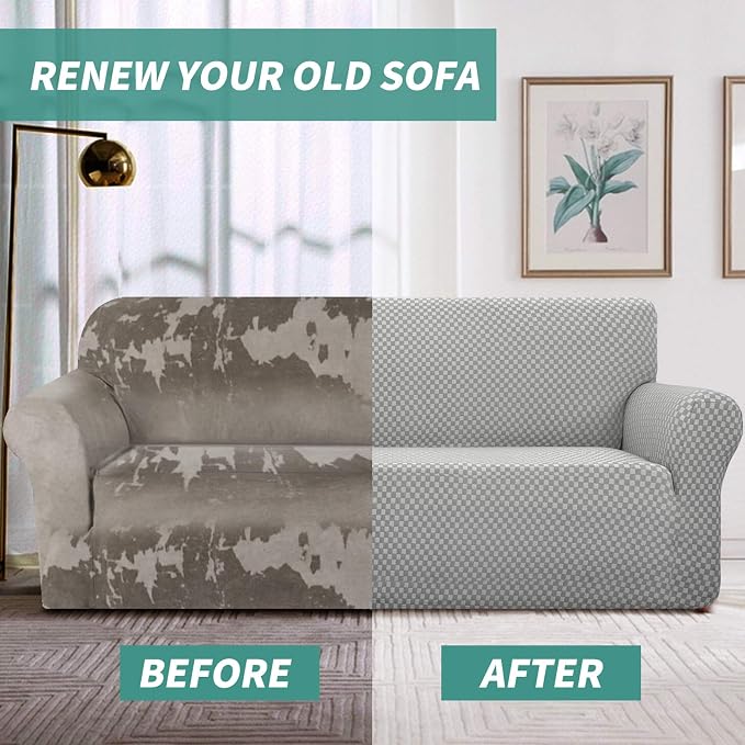 YEMYHOM Couch Cover Latest Jacquard Design High Stretch Sofa Covers for 3 Cushion Couch, Pet Dog Cat Proof Slipcover Non Slip Magic Elastic Furniture Protector (Large, Light Gray Checkered)