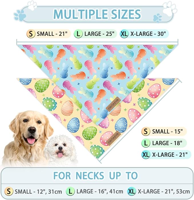 Easter Dog Bandanas, 2-Pack Triangle Reversible Bunny Eggs Pet Scarves, Premium Fabric, Bandana for All Boys Girls Dogs (Candy, One Size)