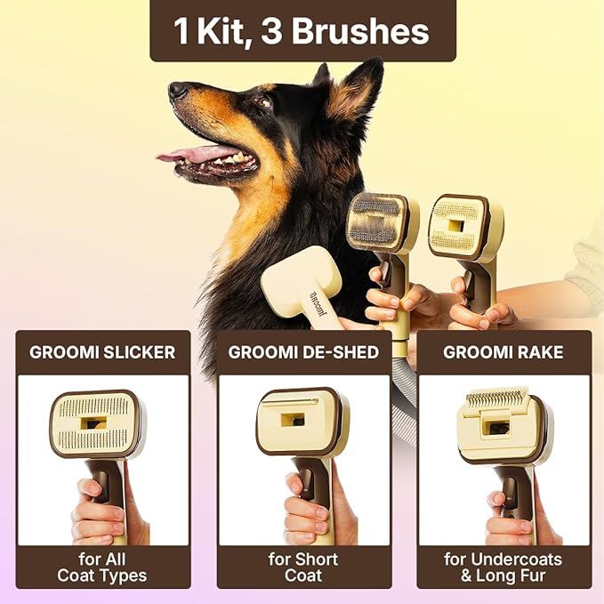 GROOMI Vacuum Pet Brush Kit – 3‑in‑1 Dog & Cat Grooming Tool, Self‑Cleaning Deshedding Brush & Pet Hair Remover, Universal Vacuum Attachment Including Dyson, Short, Medium & Long Fur, All Breeds