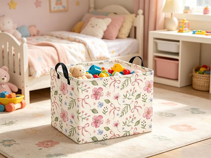 Rectangular Baby Kids Storage Basket for Home Kitchen Girls Cute Toy Storage Bin Organizer Shelf Book Room Decor(Bowknot Flower)