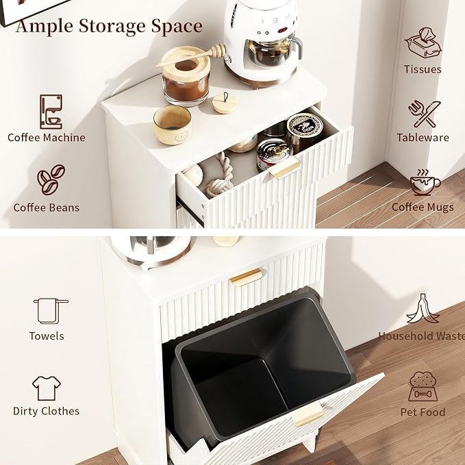 Dog Feeding Station with Storage Cabinet & 2 Elevated Bowls,Hooks,White | Flip-top Sealed Food Bin.Pull-out Bowl Drawer with Wheels.Side Hooks for Leashes + Internal Shelf for Cans.For Dogs/Cats.