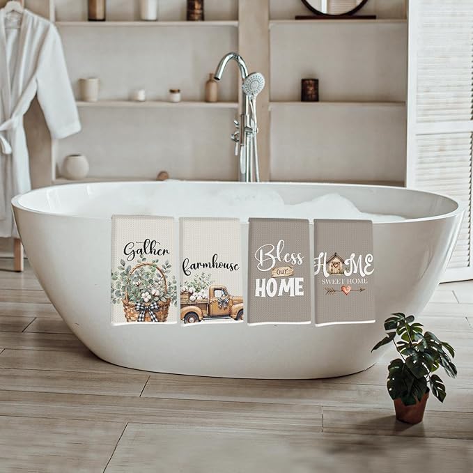 4 Pcs Pastoral Eucalyptus Kitchen Towels, Retro Truck & Basket Decorative Absorbent Microfiber Dish Cloth Tea Towel, Waffle Soft Hand Towels for Farmhouse Home Bathroom Decor, Housewarming Gifts
