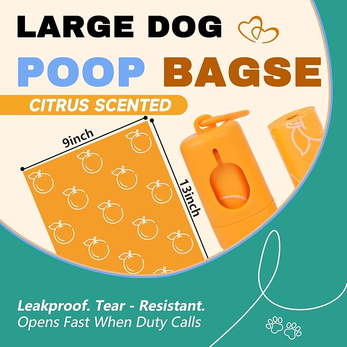 Citrus Scented Dog Poop Bags - 42 Rolls 630 counts Leak Proof | Extra Large 13x9 Inch Orange Dog poop bags rolls with Dispensers, Fragrance Bags for Dogs Walking and Cat Litter