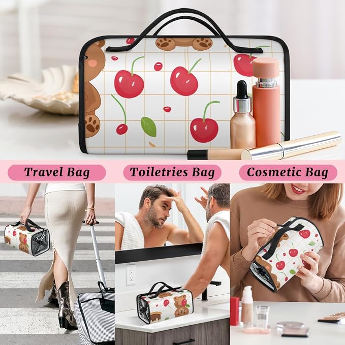 Cherry Makeup Bag for Women Hanging Roll-Up Travel Organizer Toiletry Kit with 4 Removable Compartments, Bear