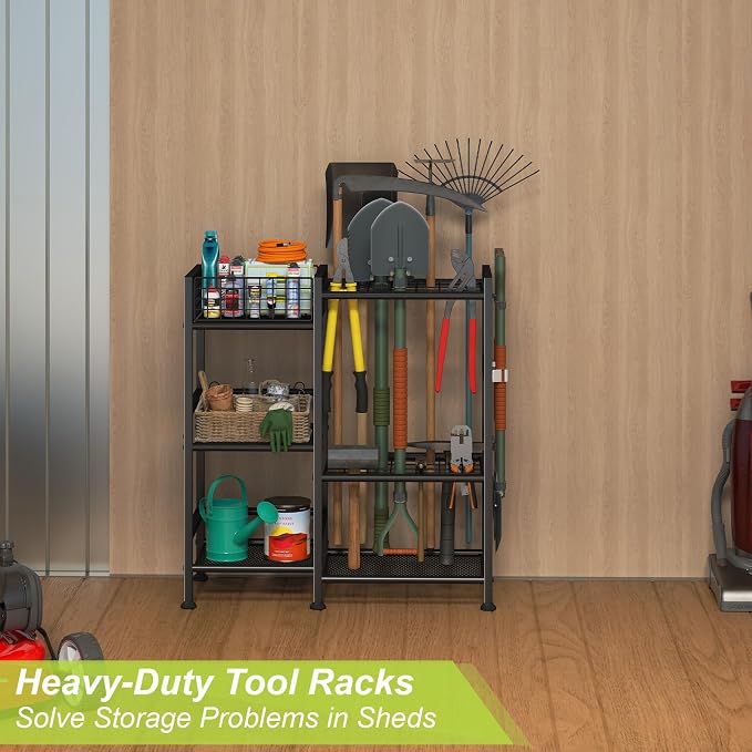 Garden Tool Organizer with Basket, 3-Tier Yard Storage Rack for Garage | 35 Long-Tool Slots: Steel rack adds 11 hooks, 10 small-tool slots, 2 metal clips and 4 leveling feet for sheds or yards.
