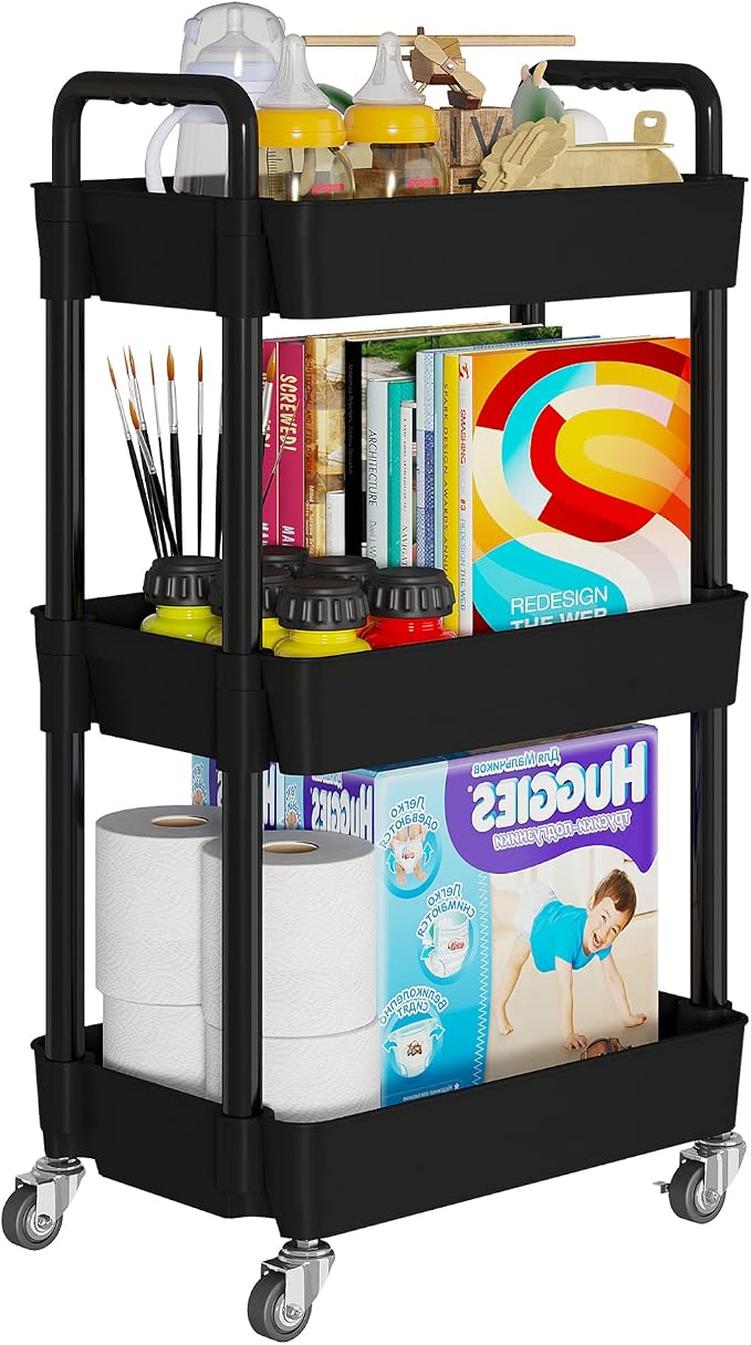 Laiensia 3-Tier Storage Carts,Multifunction Utility Rolling Cart Kitchen Storage Organizer,Mobile Shelving Unit Cart with Lockable Wheels for Bathroom,Laundry,Living Room,With Classified Sticker,Black