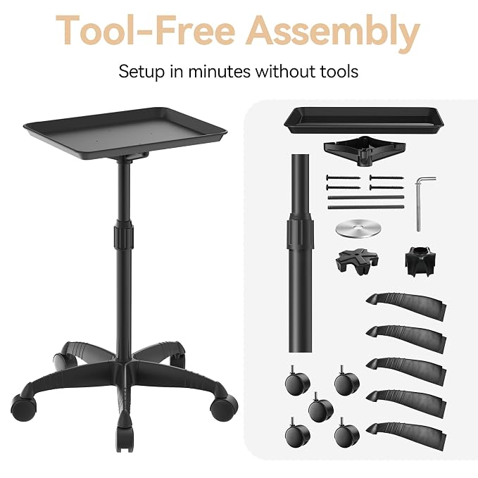37" Rolling Salon Tray on Wheels Black, Adjustable Height | Aluminum, Tool-Free Assembly, Stable Base, 360 Mobility, For Spa Clinic Tattoo Studio and Home Salon Use
