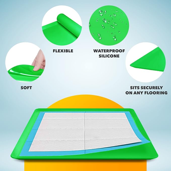 Skywin TidyFriend Travel Friendly Dog Pee Pad Holder Fits Up to 24” x 24” Wee Wee Pee Pads - Flexible Rollable Silicone Mat with Soft Edge - Quick Wipe & Potable Dog Pad Holder (Green) | Stable Grip, Raised Edges, Quick-Wipe Silicone Surface Dog Potty ...