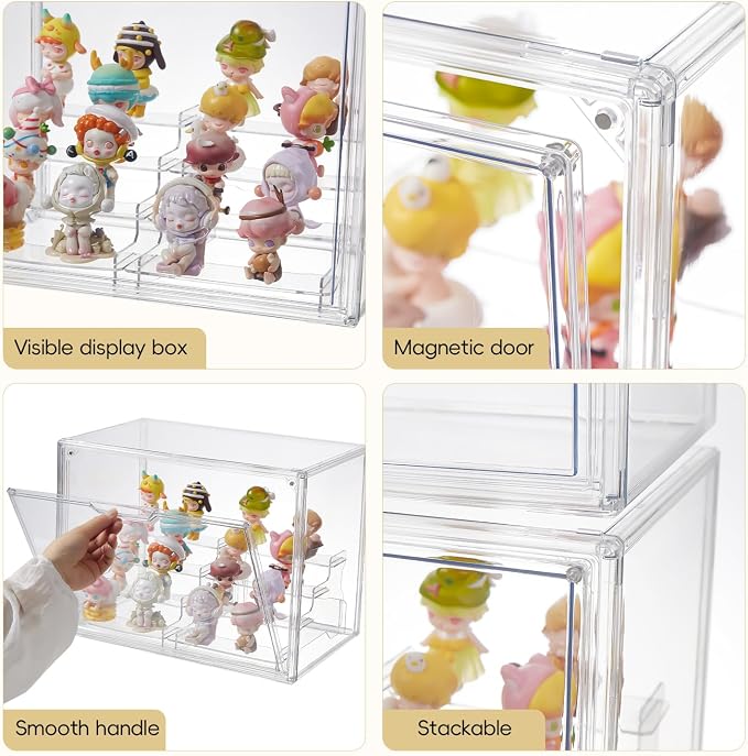 4 Tiers Clear Display Case, Plastic Storage Bins with 2 Display Risers and Magnetic Door,Stackable Display Box for Figures Showcase (XLarge -4 Tier-1 Pack)