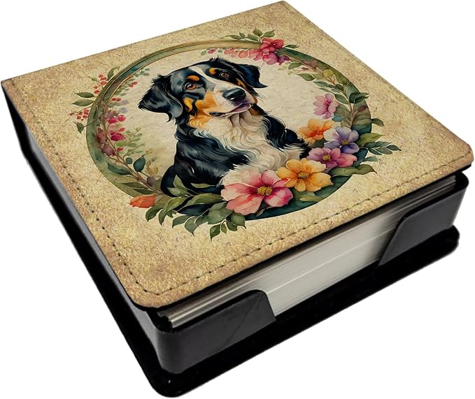 Caroline's Treasures Appenzeller Sennenhund and Flowers PU Leather Note Paper Holder with Artist-Designed Cover, Desk Accessory, Office Gift