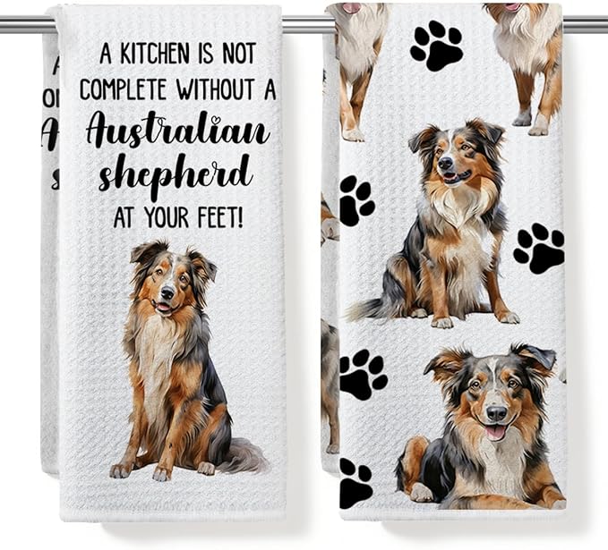 Australian Shepherd Waffle Weave Kitchen Towels, Quick Dry Multipurpose Hand Towels for Bathroom, Absorbent Reusable Cloth Tea Dish Towels for Home Decor, Dog Lover Gift Towel Set of 2