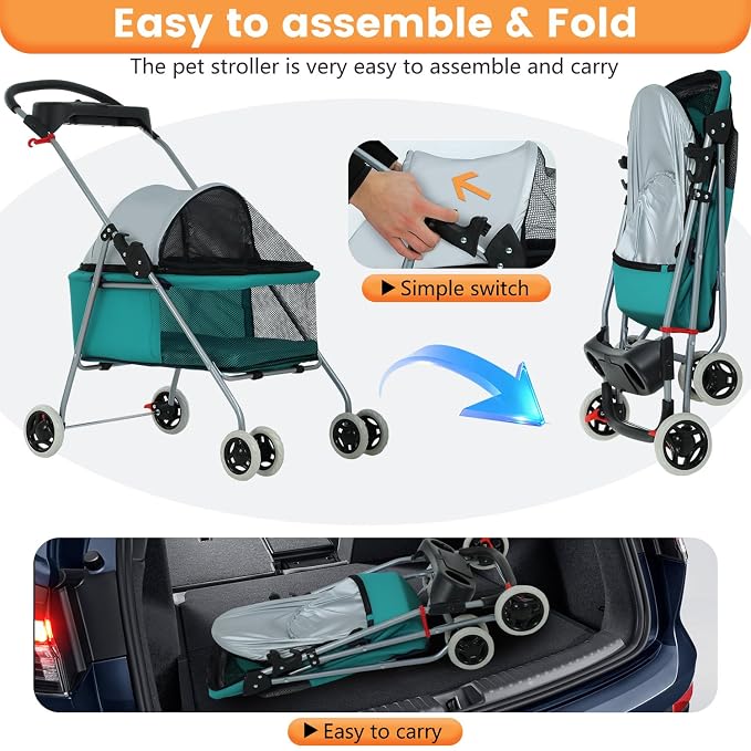BestPet Foldable Pet Stroller for Small/Medium Dogs and Cats Up to 33 lbs | 4-Wheel Stroller Pet Strolling Cart w/ Breathable Mesh, Lockable Rear Wheels, Cup Holder/Tray & Storage Box, Teal