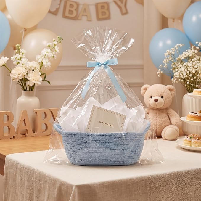 woric Small Baby Boy Gift Basket Woven Rope Basket for Baby Shower Storage | Light Blue Basket for Organizer Shelves Gifts Empty (12"X 8" X 5" with Gift Bag Card Ribbon Tissue Paper)
