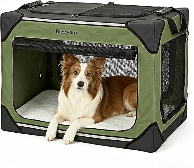36" L Collapsible Dog Crate for Large Dogs, Soft Pet Crate with 4-Door Mesh, Portable Dog Kennel for Travelling, Green