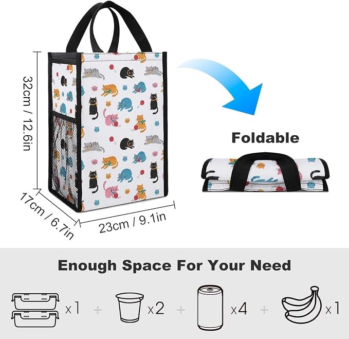 Insulated Lunch Bags Compatible with Cats, Reusable Thermal Lunchbox Totes with Mesh Pocket Portable Lunch Organizer Food Bag