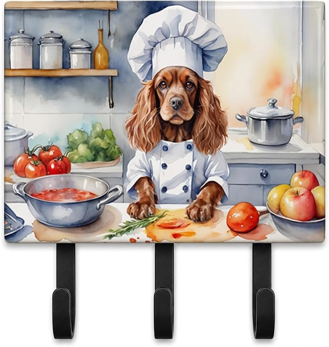 Caroline's Treasures Cocker Spaniel The Chef Leash or Key Holder Wall Hooks, Key Hooks Holder, Coat Rack Wall Mount, Coat Hooks, Hooks for Hanging Keys, Towels, Aprons, Leashes | Cocker Spaniel The Chef artwork on ceramic tile with three steel hooks fo...