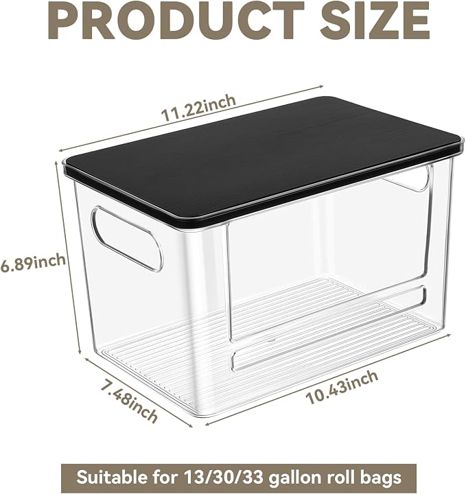 Trash Bag Dispenser Under Sink Organizer for Pantry, Kitchen | Acrylic Garbage Bag Dispenser, with Black Bamboo Top & Handles, Extra Large, Keep Onions and Potatoes Neat, Clear, Stackable