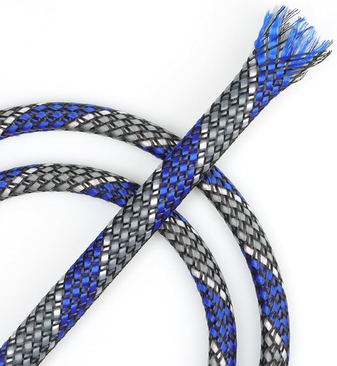 New Braid Sleeve,PP Cotton PET Braided Sleeve Tube Soft Wire Wrap Insulated Cable Protection Line Harness Sheath Daily Household Wire Management (Blue White Grey, 8mm (5/16")-49ft)