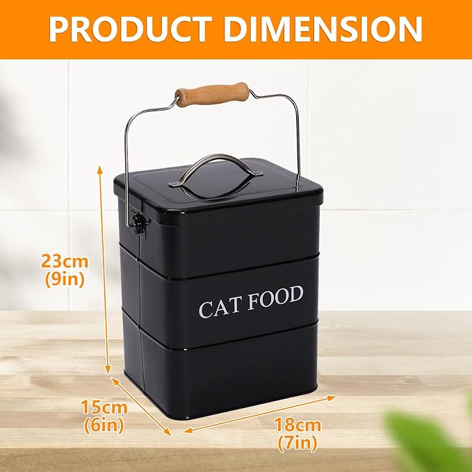 Cat Food Treat Storage Container with lid scoop included - Perfect Farmhouse Cat Food Bin for Kitchen Countertop, Shelf, Decoration Home - Cat Food - Black