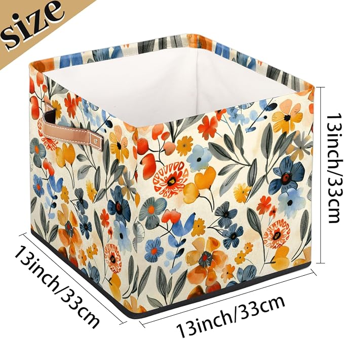 Floral Cube Storage Bin, 13 Inch Collapsible Fabric Storage Cubes Bin, Colorful Flowers Foldable Cube Baskets for Shelf, Closet, Organizer