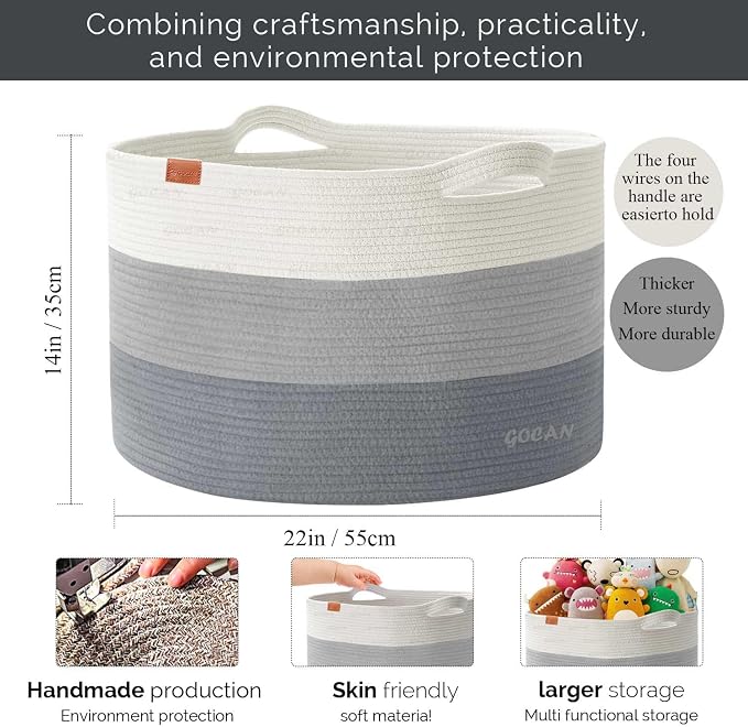Cotton Rope Woven Laundry Basket 22"X 22"X 14" with handles(Mixed Grey)XXXL | Hand-woven, ideal for storing blankets and cushions in the living room, and clothes for household storage.
