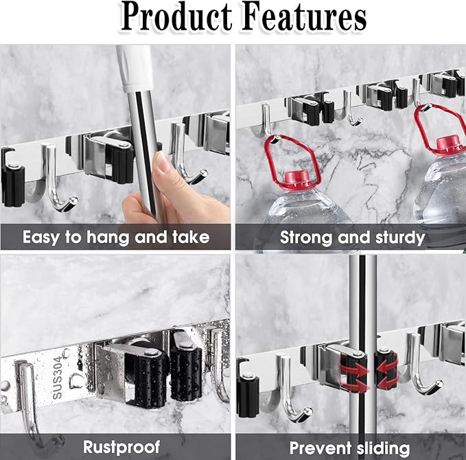 AceMining Broom Holder Wall Mount, 5 Racks 4 Hooks Heavy Duty Mop Organizer | Mop Holder Wall Mount and Broom Hanger for Garage, Laundry Room, Kitchen and Utility Storage