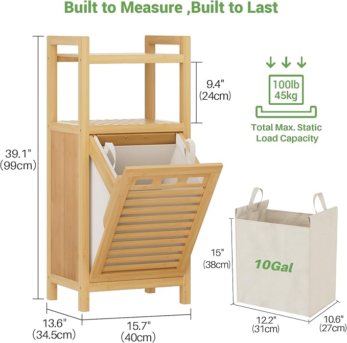 Homykic Tilt Out Laundry Hamper Cabinet, 10 Gal Bamboo Laundry Organizer | Wooden Laundry Basket with Removable Bag, Hidden Hamper with Shelf for Clothes, Bathroom, Laundry Room, Bedroom, Space Saving