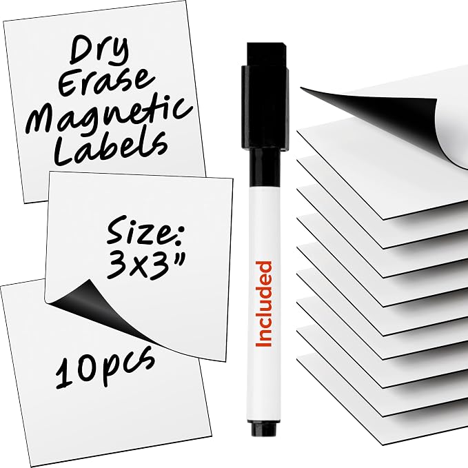 X-bet MAGNET Dry Erase Magnetic Labels, 3x3 (7.5x7.5cm), 10 pcs, White | Reusable Write-On Magnet Stickers for Fridge, Whiteboard & Classroom, Erasable Blank Labels & Sticky Notes