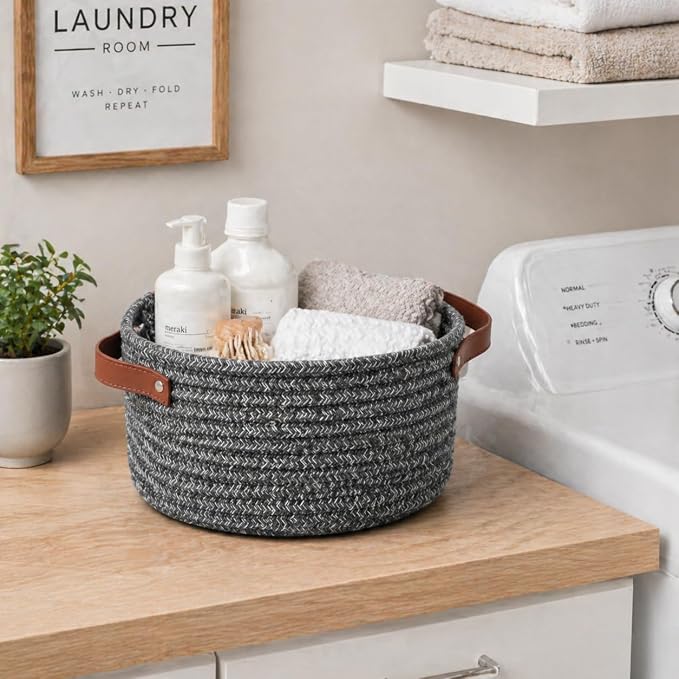 Small Woven Cotton Rope Basket with Leather Handle, Grey | Mini Round Storage Basket, Empty Gift Basket, Nursery Toy Organizer, Decorative Shelf Bin, Boho Room Decor