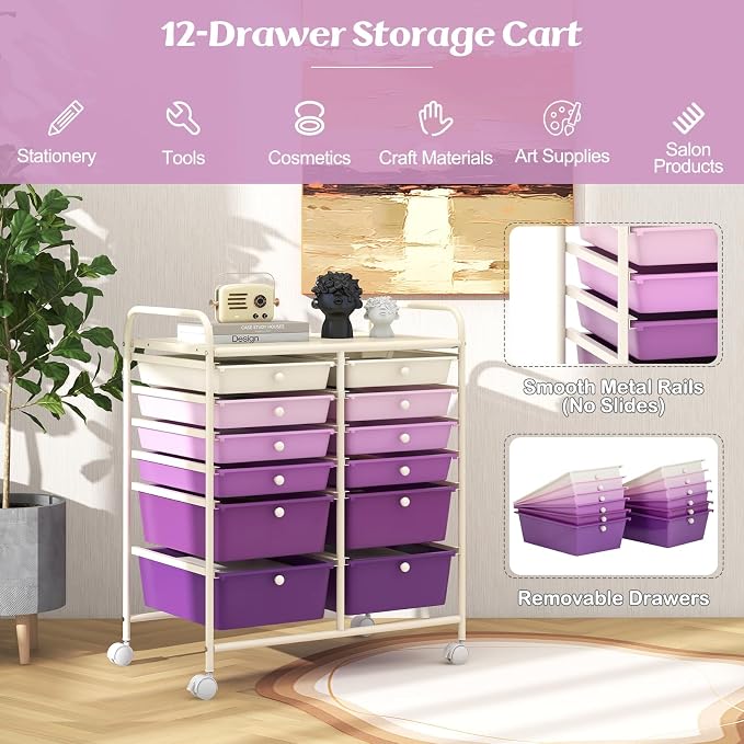 12 Drawer Rolling Storage Cart, Art Cart Organizer on Wheels, Mobile Utility Cart with Drawers, Multipurpose Craft Drawers for Home Office School Classroom (Gradient Purple)