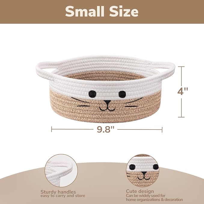 Small Woven Rope Cat Toy Basket with Cat Face Design, White Brown | 9.8" x 4" Cute Cat Basket for Living Room, Decorative Baby Storage Basket, Pet Gift Basket Empty with Sturdy Handles