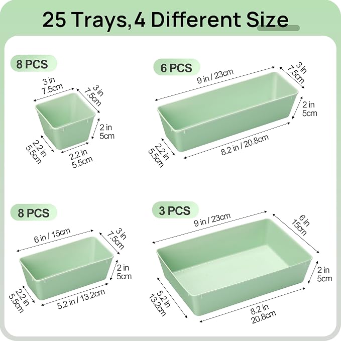 Vtopmart 25 Pack Plastic Drawer Organizers with Non-slip Rubber Pads | 4-Size Versatile Makeup Organizer, Storage Containers Small Bins for Makeup, Jewelries, Bedroom, Kitchen Utensils and Office