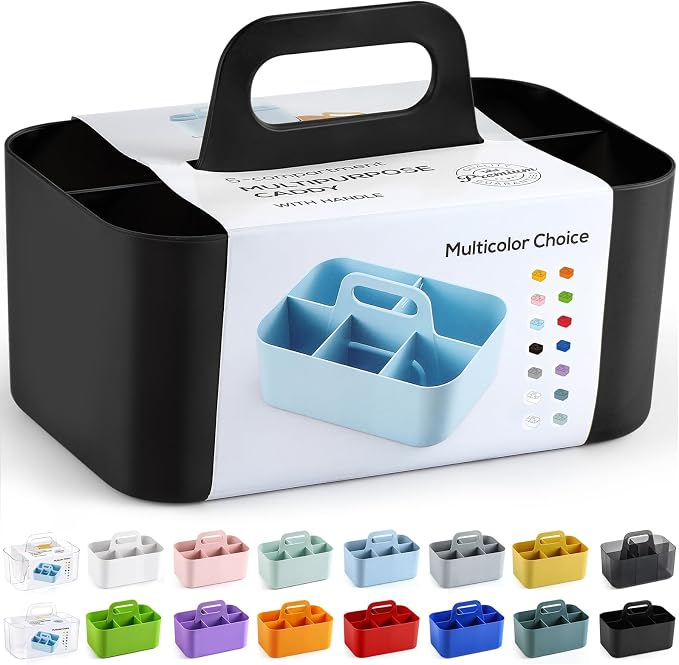 Multiuse Caddy Organizer with Handle, Portable Divided Plastic Tote Bin - Art Craft, Stationary Pen Marker Crayons, Makeup Hair Supplies Storage - Bathroom, Classroom, Dorm, Office, Desk Holder -Black