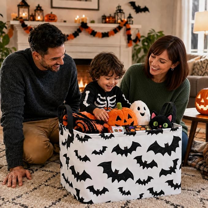 Halloween Batman Basket Gothic Bat Storage Kids Toy Organizer Room Decor | Collapsible Waterproof Kids Laundry Basket With Handles,Multi-scene Organizer for Home Bedroom,Black Bats Gift Bin