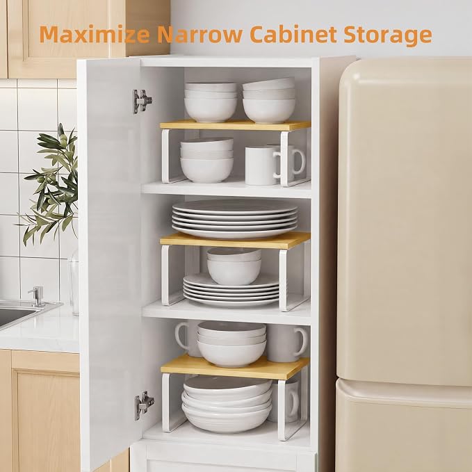 LAMU Cabinet Organizer Shelf, Set of 4 Expandable Kitchen Counter Shelve Plate Organizer for Cabiner, Stackable Spice Rack, CupBoard Organizers and Storage, Wood