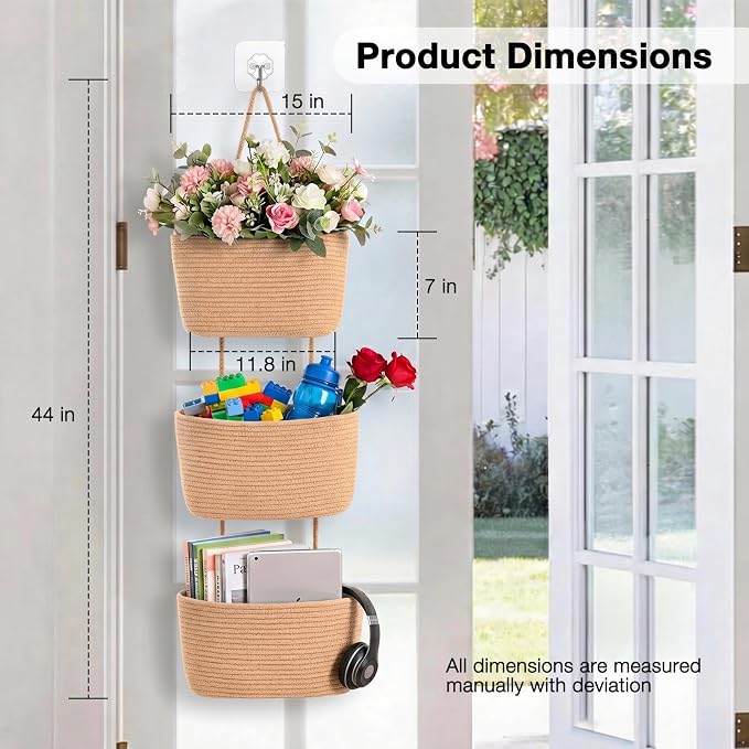 ICERZCZ Hanging Baskets for Organizing, Over the Door Decorative Storage Organizer, Nursery Decor Organization, 3-Tier Wall Basket for Entryway Playroom Bathroom Closet, Khaki