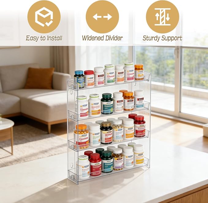4-Tier Vitamin Storage Organizer, Medicine Organizer for Vitamin Bottles Pill Bottles Holder Rack for Countertop, Bathroom Cabinet Storage Items Are Clearly Visible