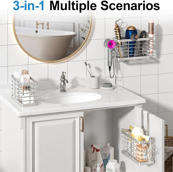 2026 Upgraded 3-in-1 Universal Hair Tool Organizer, L Size, Sliver | Adjustable Height Metal Hair Dryer Holder, Wall Mounted, Over Cabinet Door, Countertop, Bathroom Storage