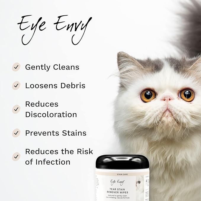 Eye Envy Tear Stain Wipes for Cats. Textured to Gently Clean Tear Stains. Natural Formula. Recommended by Persian & Exotic Breeders, Groomers. USA Made. 60 Cat Eye Wipes