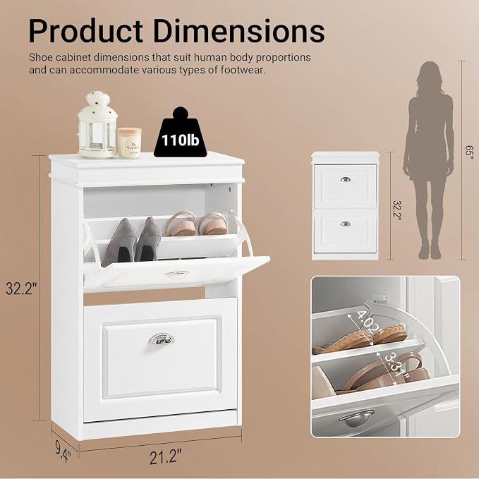 Haotian Small Shoe Cabinet | Two Flip Drawers Freestanding Shoe Rack, Shoe Storage Cupboard Organizer, FSR78-W