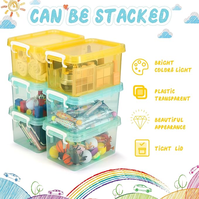 6 Pack Colorful Plastic Storage Bins with Lids 4 Quart Small Storage Latch Box Stackable and Nestable Clear Organizer Bins with Latching Handle and Buckle for Organizing(Cute Color)