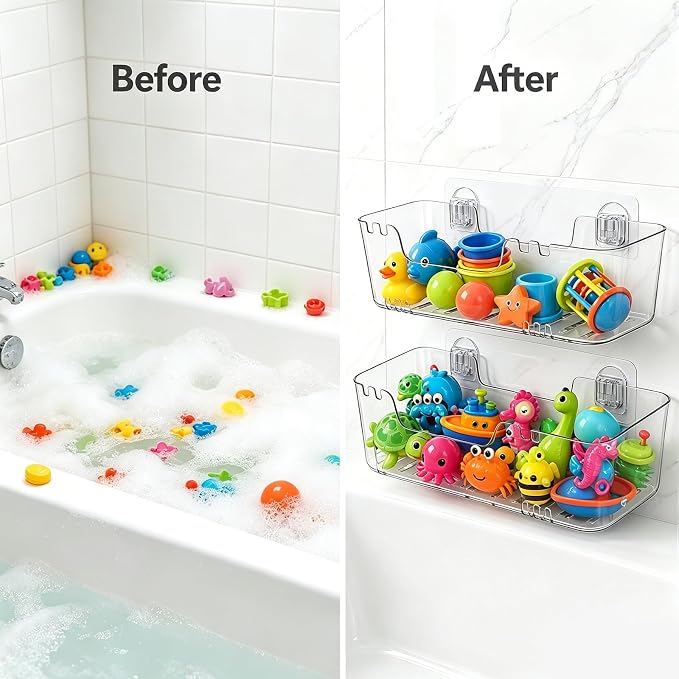 Bath Toy Storage Organizer, 2 Pack Bath Toy Holder with Drain Holes | Quick Dry Toy Shower Caddy, Mold-Resistant Wall Mount No Drill, Large Plastic Bath Toy Organizer with Drain Holes, Easy-Clean