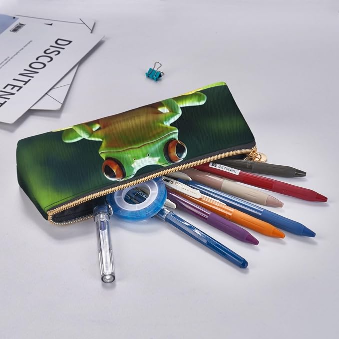 Leather Pen Case with Zipper - Aesthetic Pen Holder Cute Frog Pencil Case for Women & Men - Handcrafted Pencil Bag Multi-Functional Travel Cosmetic Case for Work Office Tool Pouch