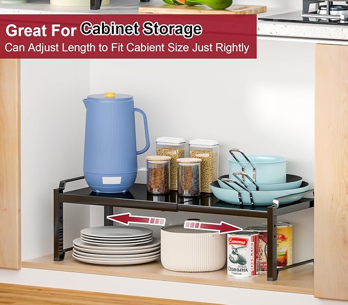 X-cosrack 12" Wide 100LBS Loading-Bearing Heavy Duty Kitchen Storage Shelf, Expandable Cabinet Shelf Organizer, Stackable Adjustable Storage Shelves for Kitchen Cabinet Cupboard Pantry Counter