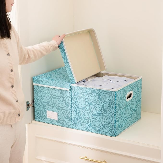 Extra Large Collapsible Storage Cubes with Lids Fabric Decorative Storage Bins Boxes Organizer Baskets with Cover Handles for Bedroom Closet Living Room 19.6x15.7x11.8 Inch 3 Pack
