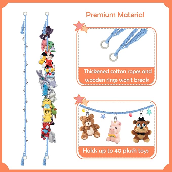 2PCS Stuffed Animals Storage Chain Organizers 80" Cotton Hanging Storage Chain with 2Pcs Led Light 40 Metal Clips Stuffed Animal Display Holder Chain for Nursery Play Room (Blue)
