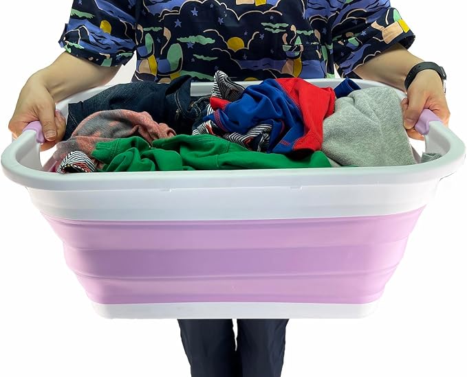 SAMMART 41L (10.8 gallon) Collapsible Plastic Laundry Basket - Foldable Pop Up Storage Container/Organizer - Portable Washing Tub - Space Saving (Rectangular, Ceramic Blue+Pale Purple (Set of 2))