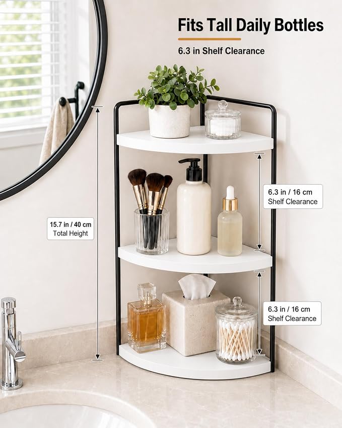 3-Tier Corner Bathroom Counter Organizer, Solid Pine Vanity Shelf, White | Solid pine 3-tier corner shelf with 6.3 in clearance for tall bottles in bathroom, vanity, kitchen, or coffee bar.